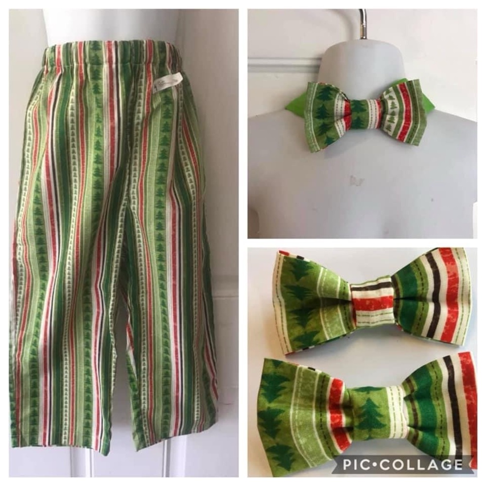 NWOT Unisex size 4 Custom Sewn red/green stripe tree Christmas pants/hairbow/tie